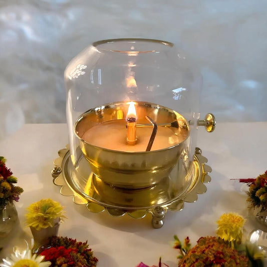 Golden Brass Akhand Diya with Adjustable Bati | Long-Lasting Deepam Jyot Diya for Pooja & Temple Use ( Stay Lit for 48 Hours, Bati Included )