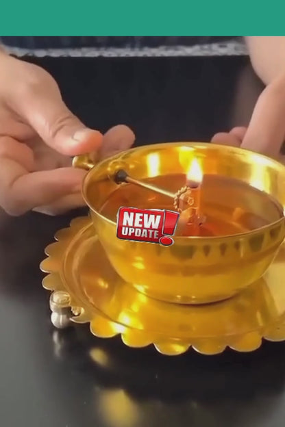 Golden Brass Akhand Diya with Adjustable Bati | Long-Lasting Deepam Jyot Diya for Pooja & Temple Use ( Stay Lit for 48 Hours, Bati Included )